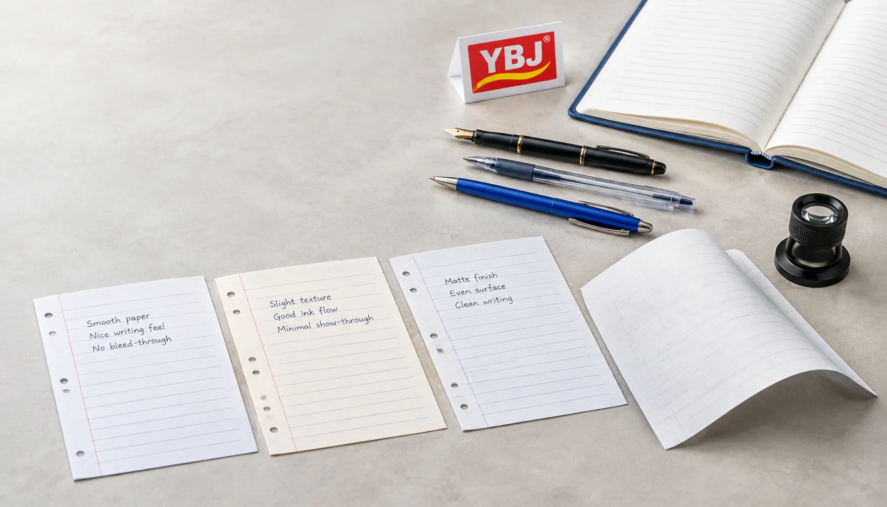 Illustrative notebook paper testing setup with several pens, paper samples and a reverse-side inspection.