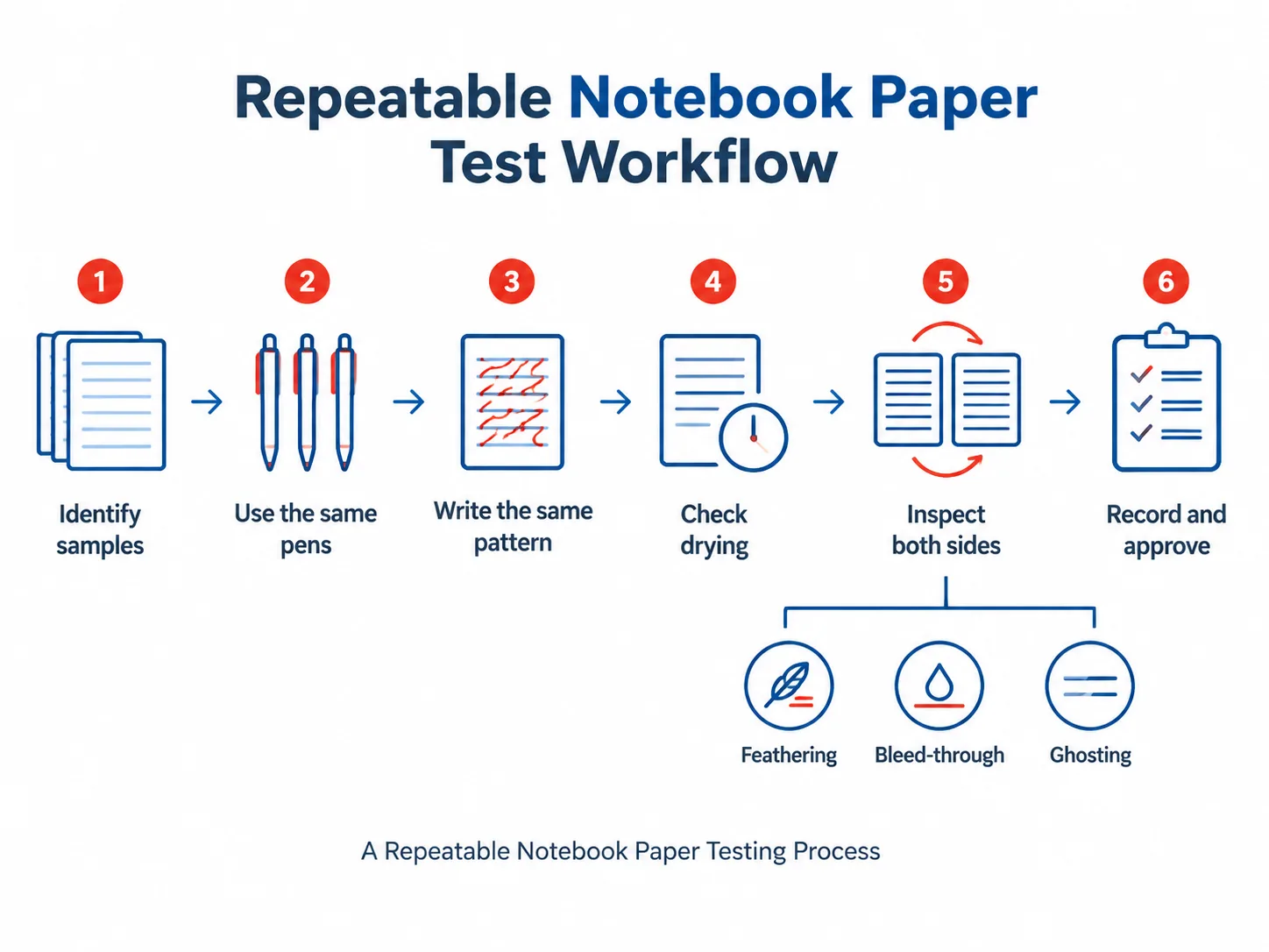Six-step infographic for comparing notebook paper under consistent writing and inspection conditions.