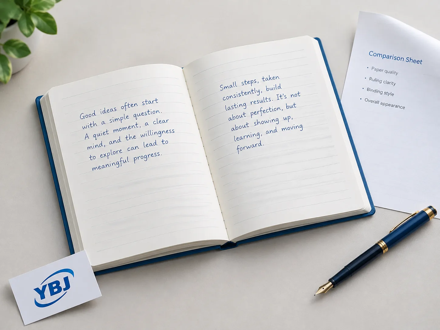 Illustrative bound notebook sample with writing on both pages and a loose paper comparison sheet.
