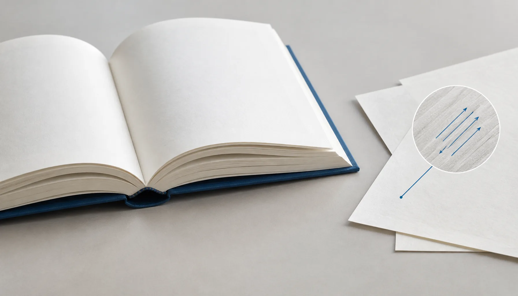 Open book and paper sheets illustrating grain direction near the spine