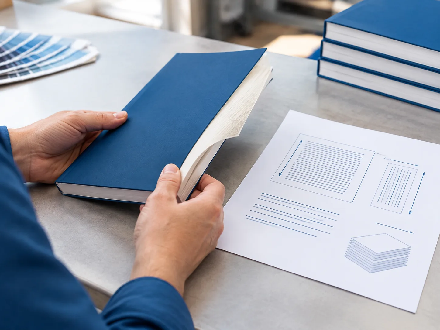A book dummy and paper specification being reviewed before production