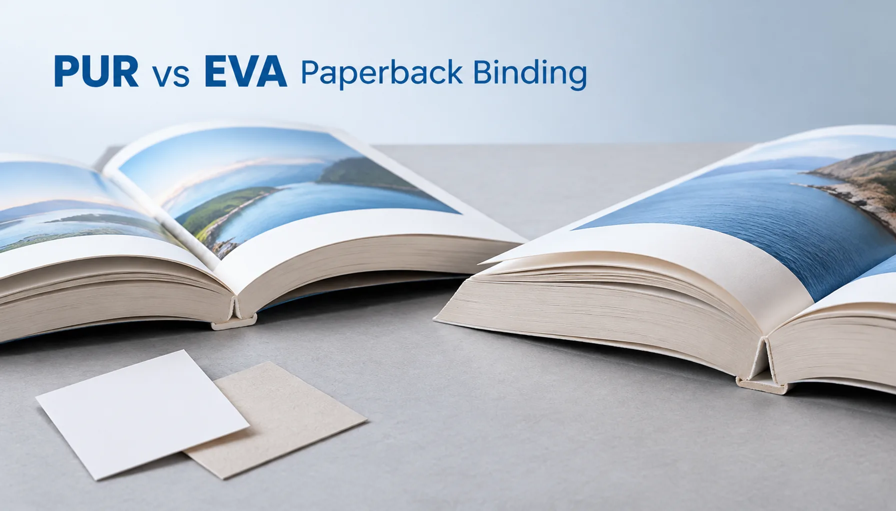 Two paperback books with visible perfect-bound spines illustrating a PUR and EVA adhesive comparison