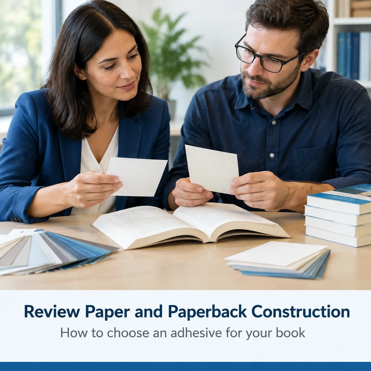 Print buyer reviewing paperback samples and paper stocks with a production specialist