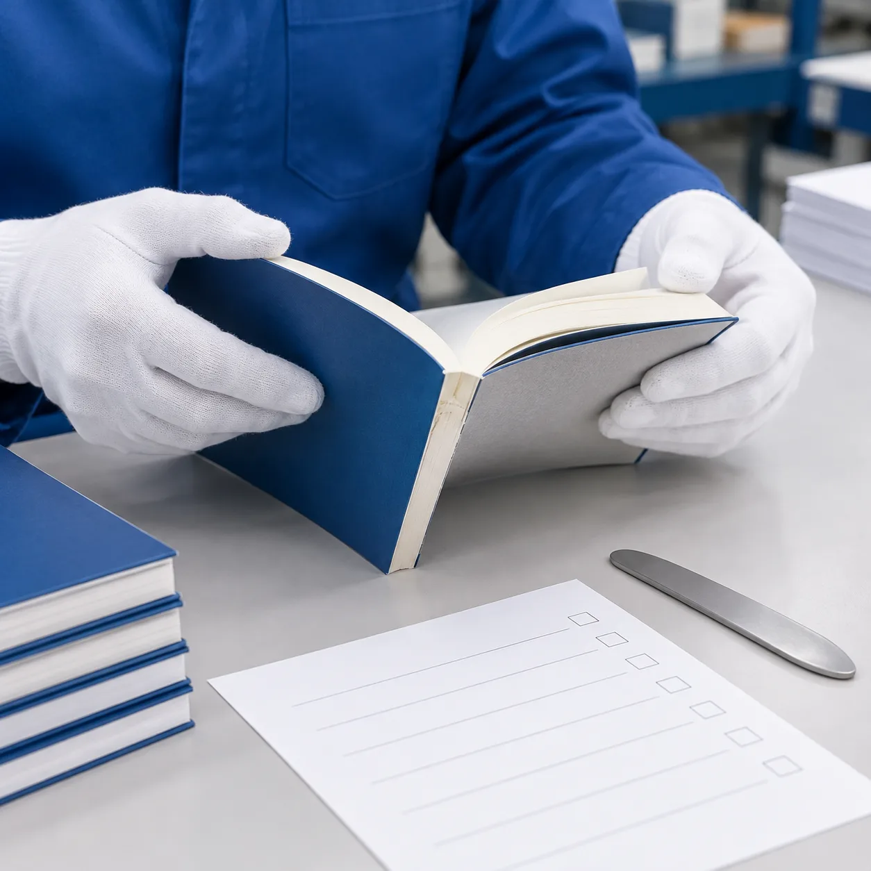 Paperback sample being gently opened and inspected for spine and page retention