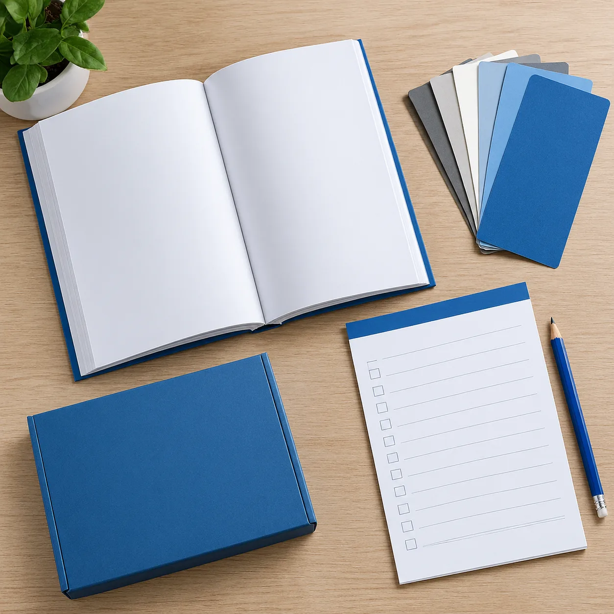 Paperback book, paper swatches, and blank checklist arranged for print project planning